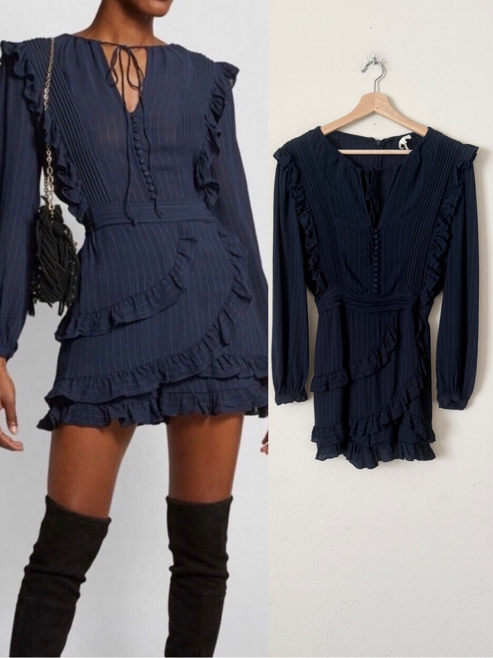 Maje SIZE 40 Istra pinstripe navy blue ruffle detail playsuit
